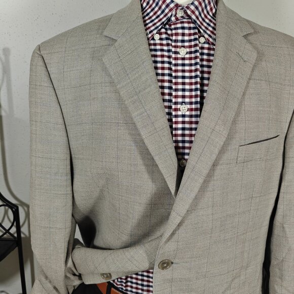 Calvin‎ Klein Men's Sport Coat Blazer Two Button Taupe Grayish Plaid Wool Sz 46L - Picture 4 of 16